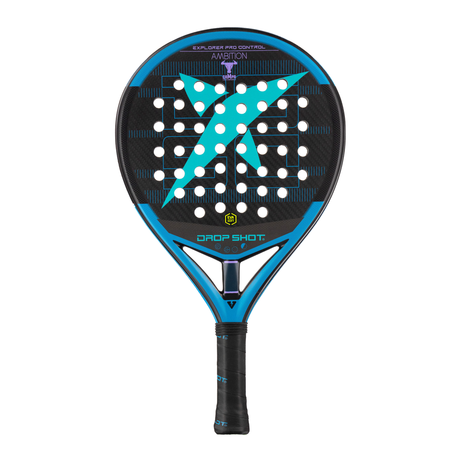 Padel racket with black and blue design on a white background