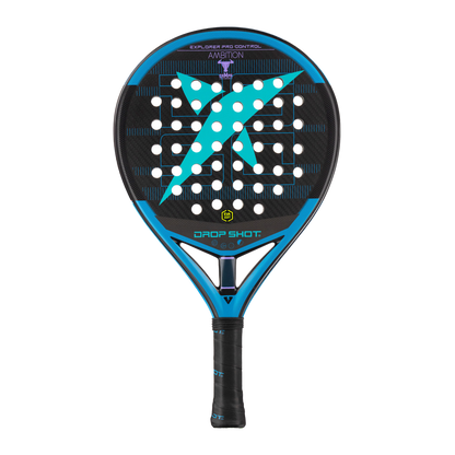 Padel racket with black and blue design on a white background