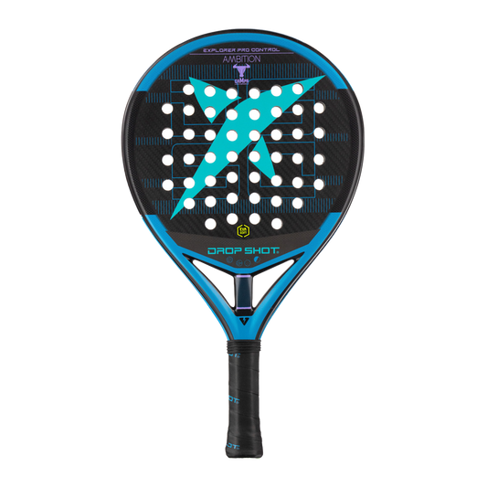 Padel racket with black and blue design on a white background