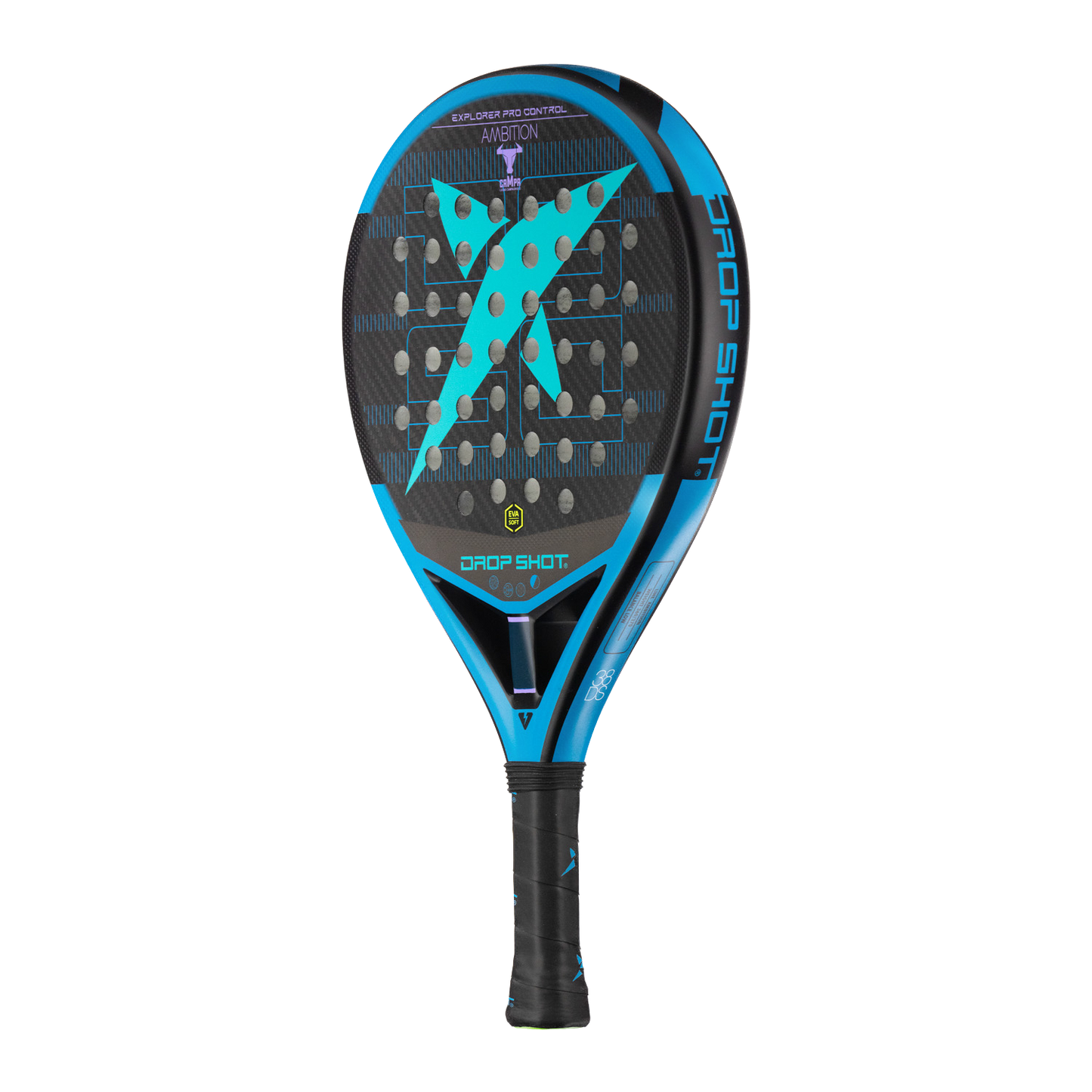 Blue and black tennis racket on a white background