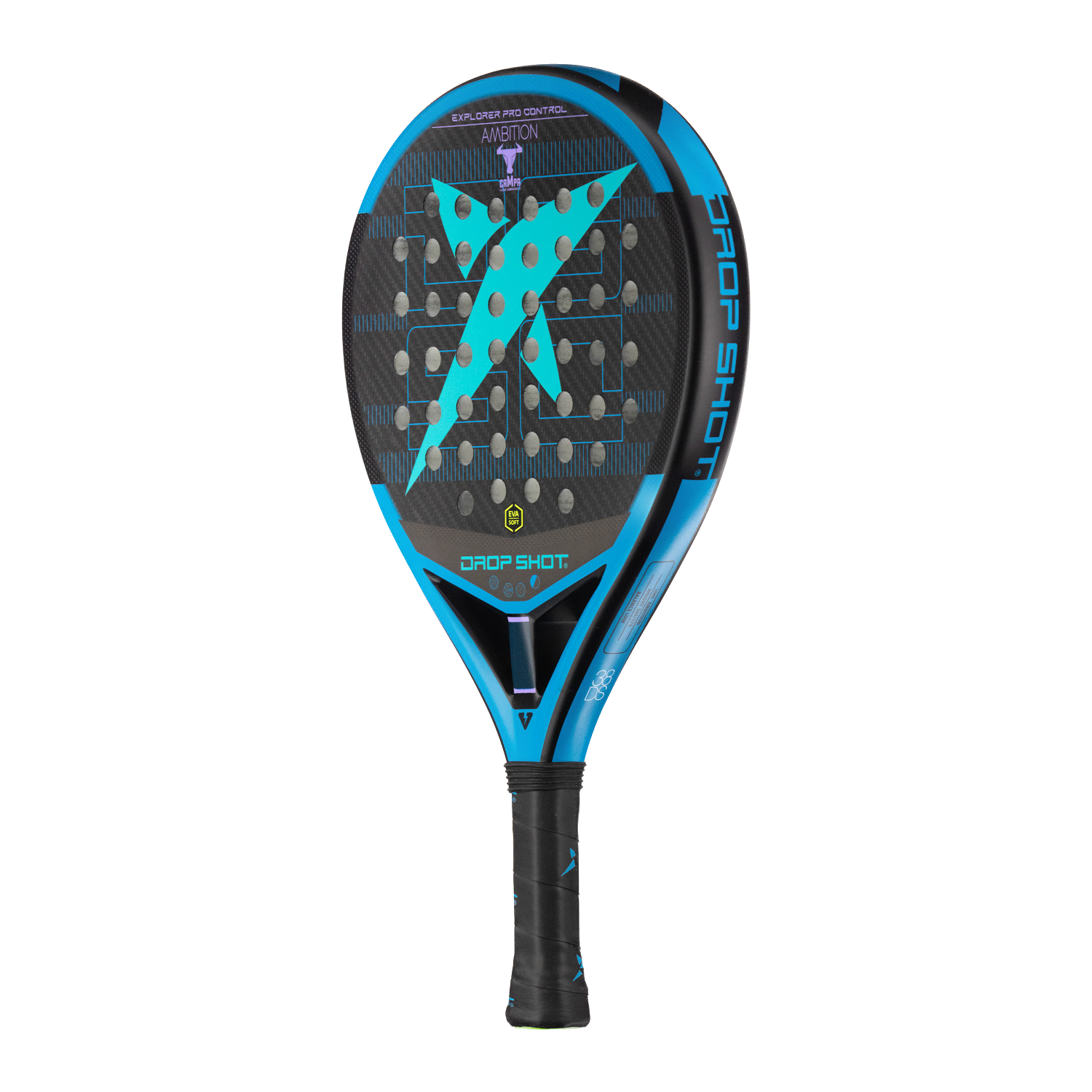 Blue and black tennis racket on a white background