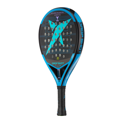 Blue and black tennis racket on a white background