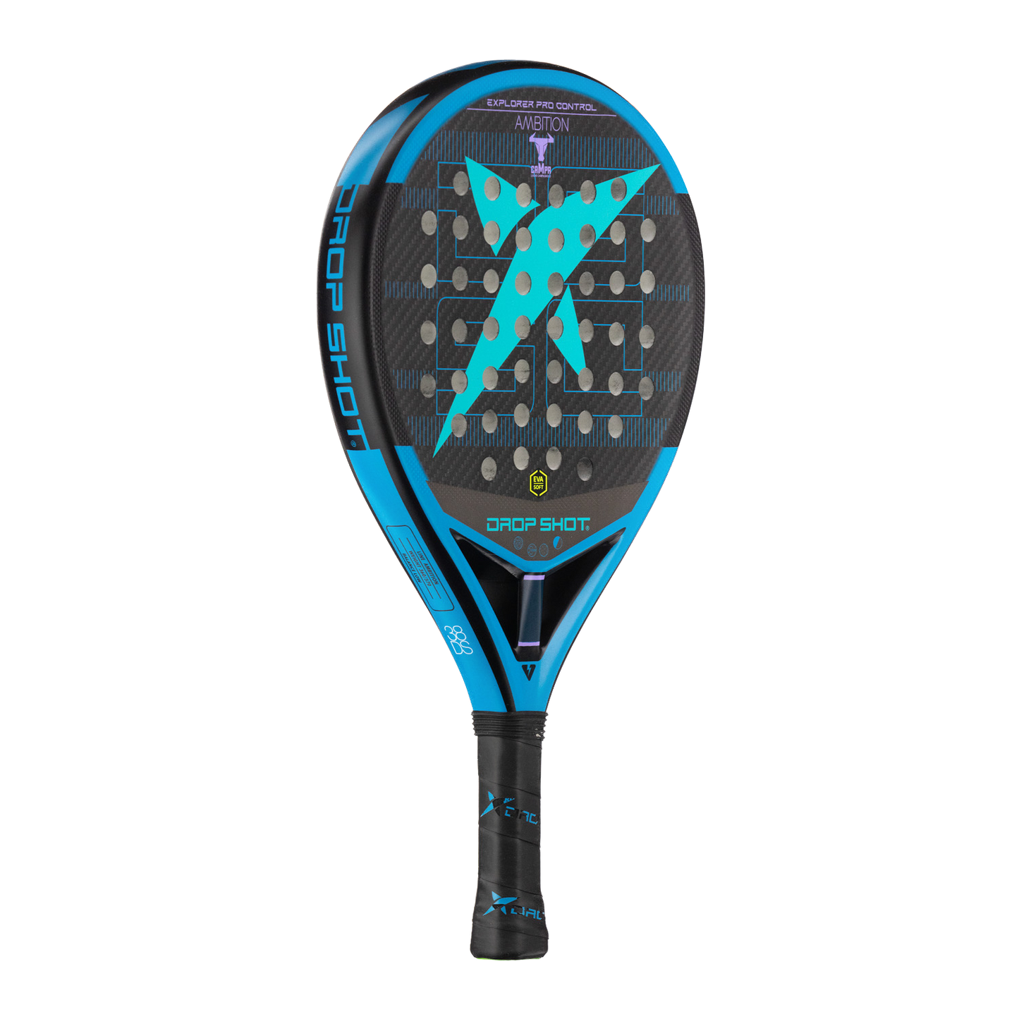 Padel racket with blue and black design on a white background