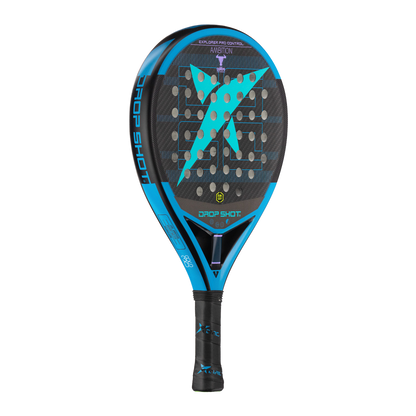 Padel racket with blue and black design on a white background