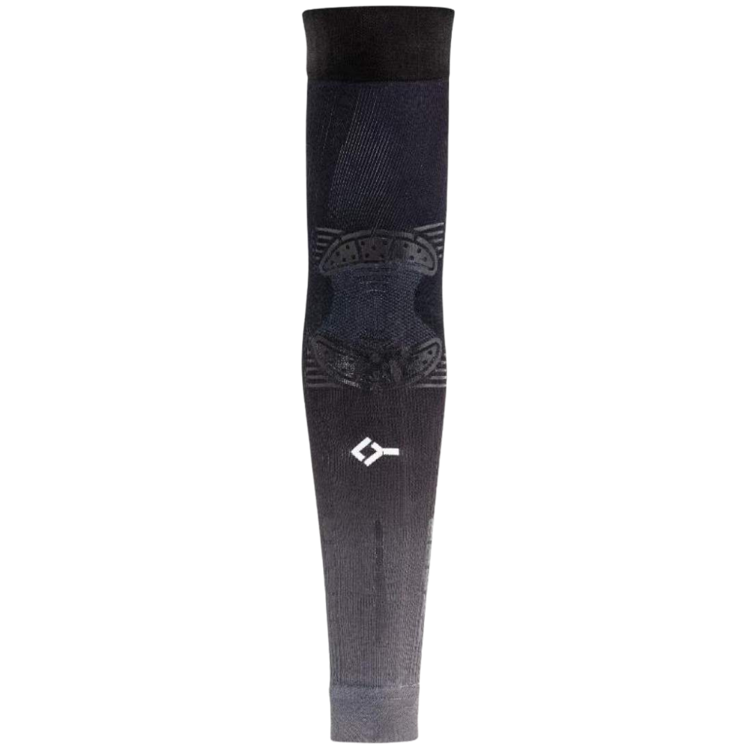 Black compression sleeve with a brand logo on a white background