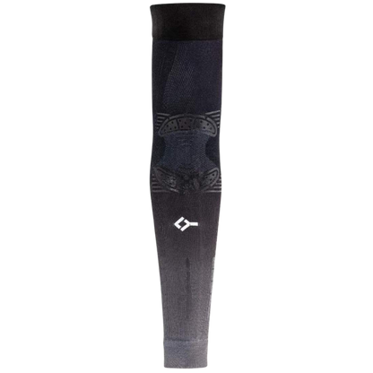 Black compression sleeve with a brand logo on a white background
