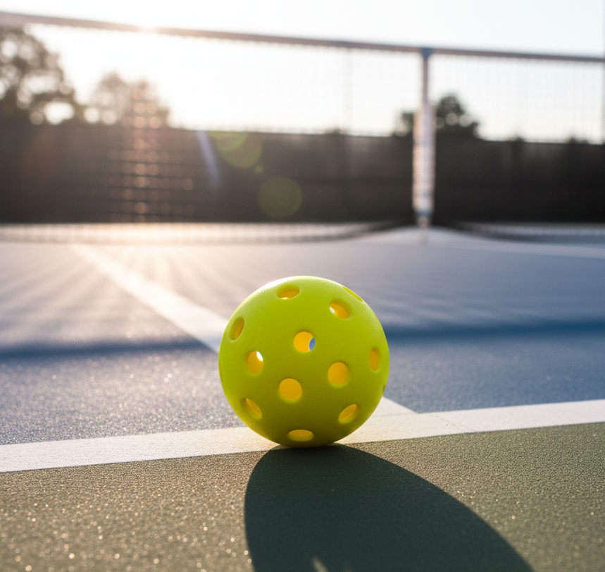 Yellow pickleball on a tennis court with a blurred background