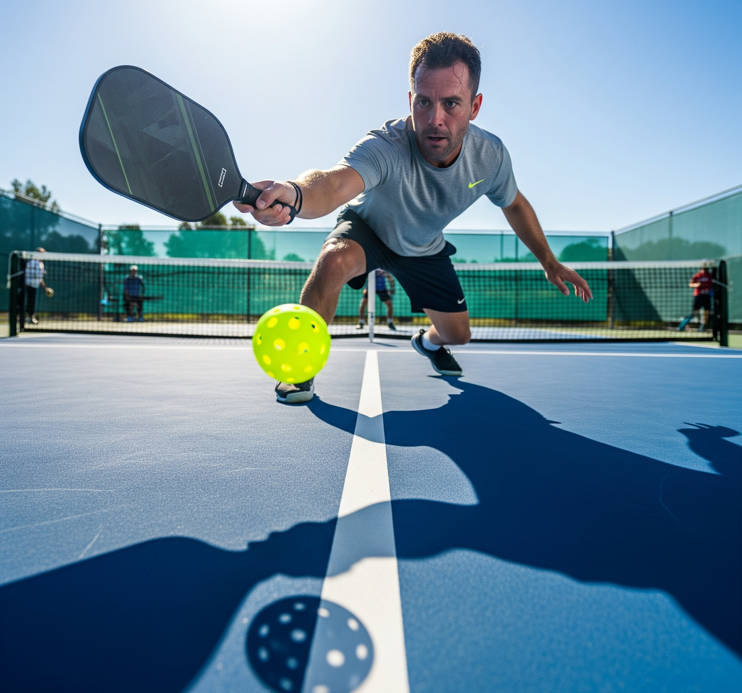Man playing paddleball on a court with a clear blue sky