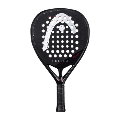 Black and silver paddle racket with 'Coello' branding on a white background