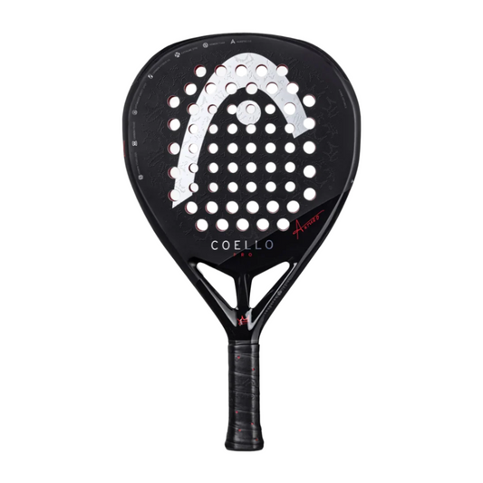 Black and silver paddle racket with 'Coello' branding on a white background