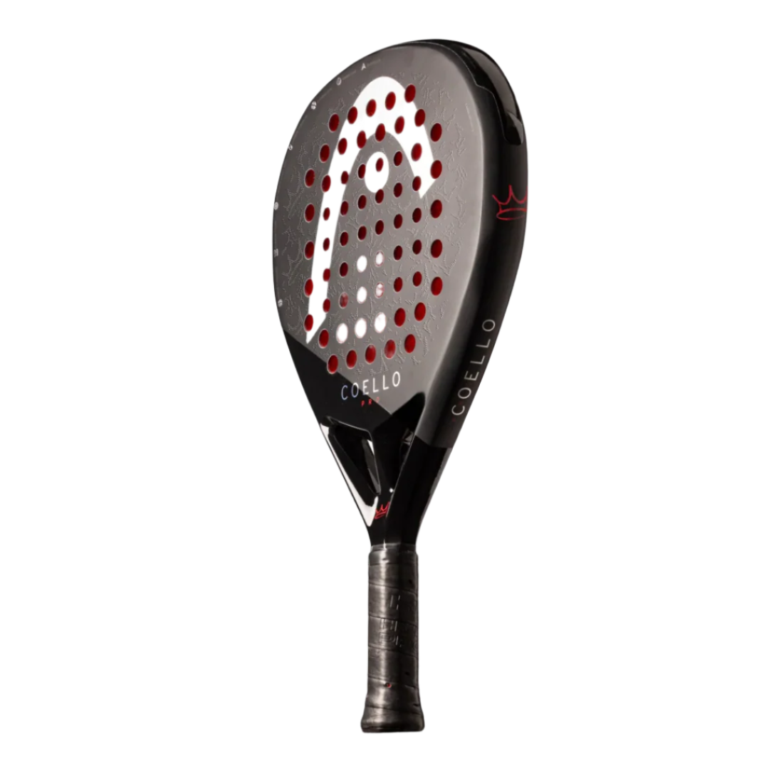 Padel racket with black and red design on a white background