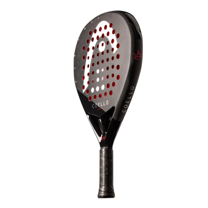 Padel racket with black and red design on a white background
