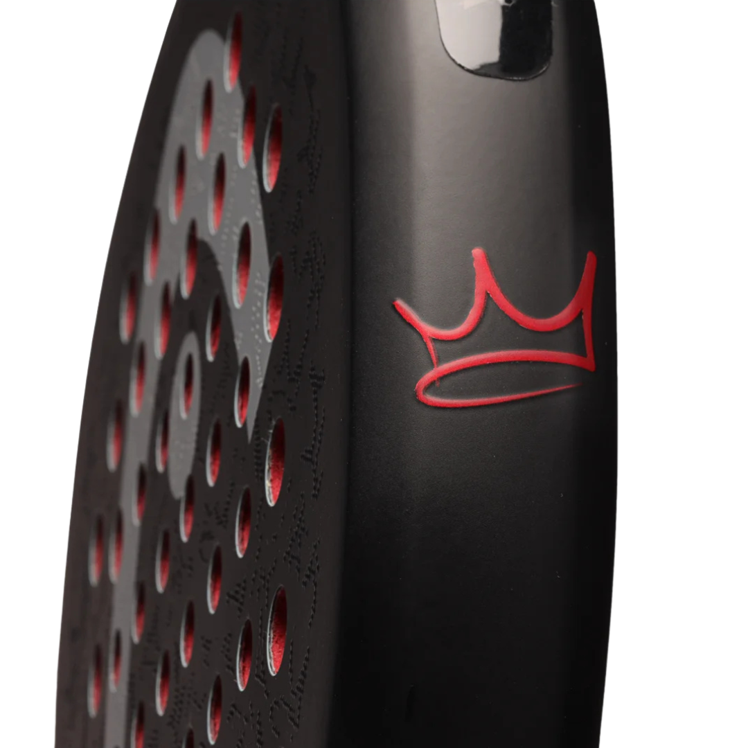 Black object with red accents and a crown logo on a white background