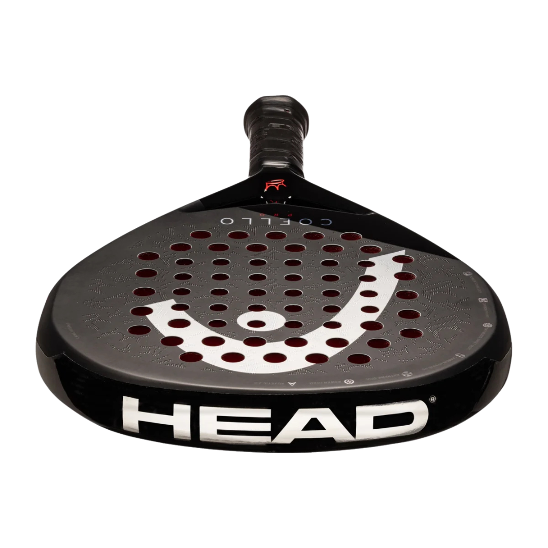 Black and white tennis racket head with 'HEAD' branding on a white background