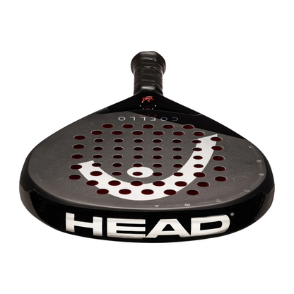 Black and white tennis racket head with 'HEAD' branding on a white background