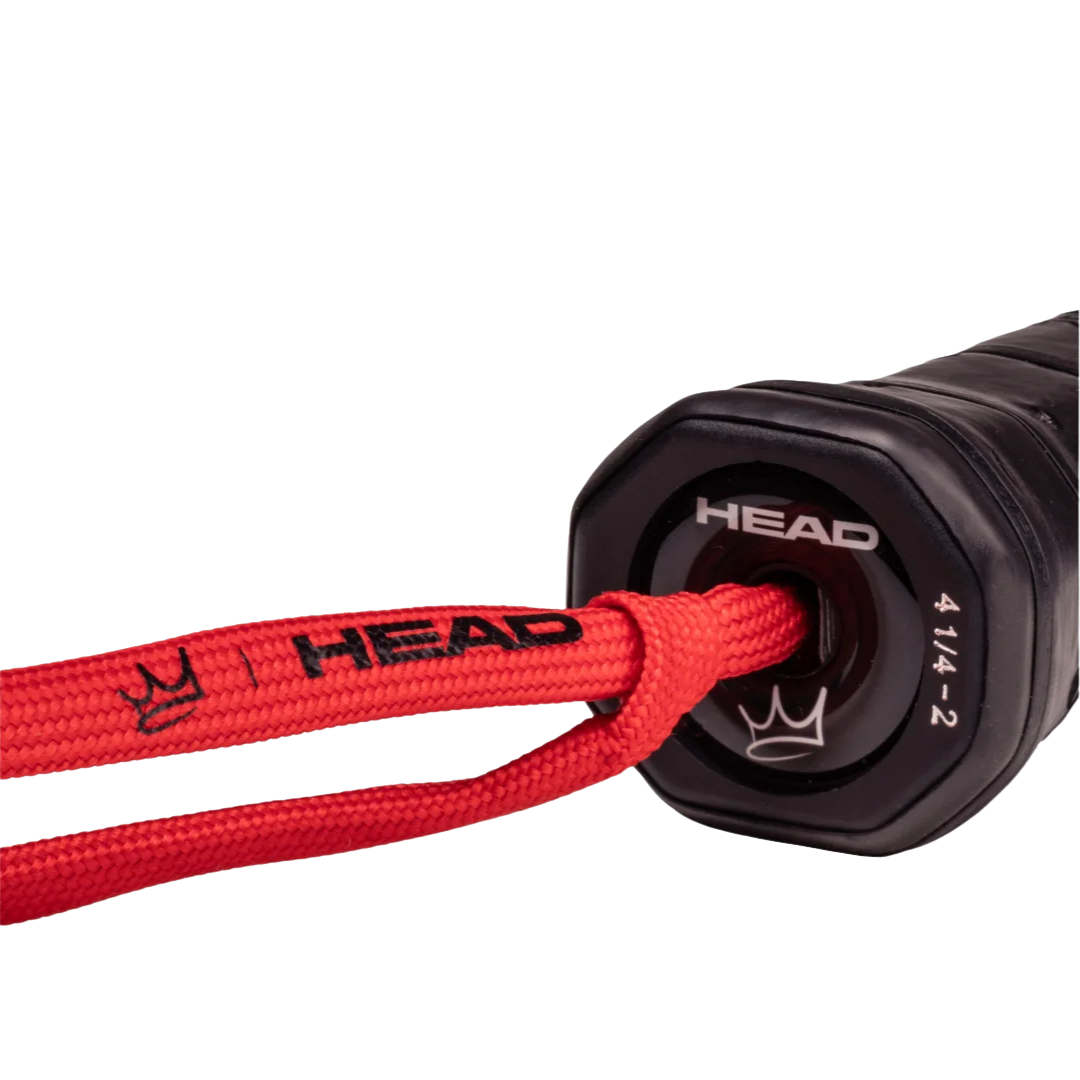 Close-up of a black and red HEAD product on a white background