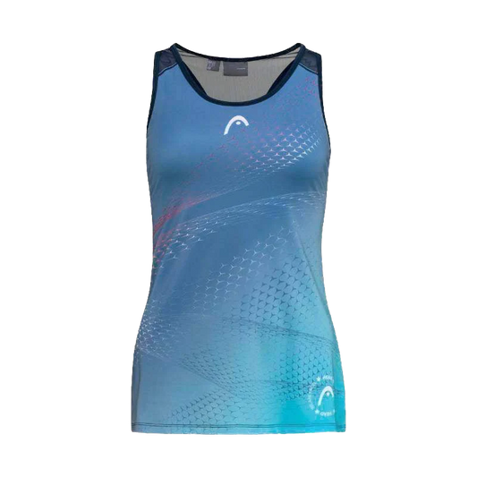 Blue athletic tank top with a brand logo on a white background