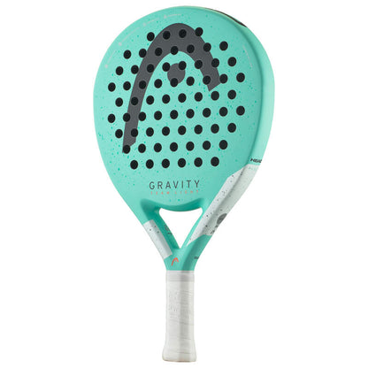 Turquoise tennis paddle with 'Gravity' branding on a white background