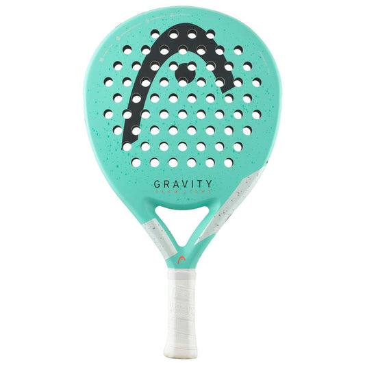 Teal paddle racket with 'Gravity' branding on a white background