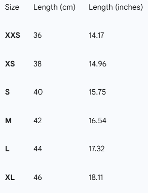 Table displaying clothing size chart with lengths in centimeters and inches