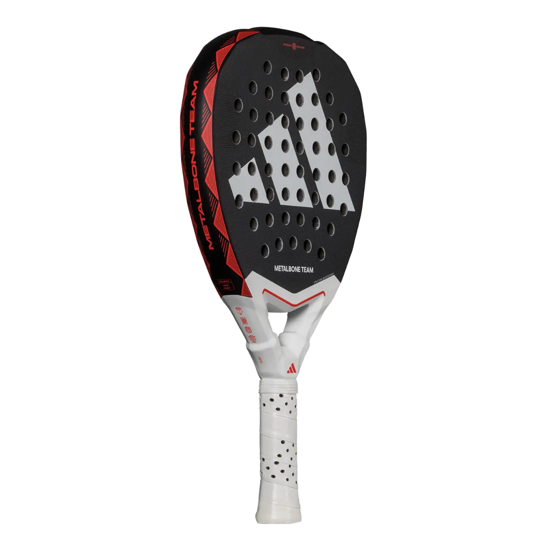 Adidas tennis racket with black and red design on a white background