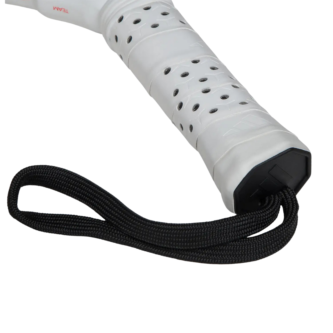 White tennis racket handle with black string wrap on a white background