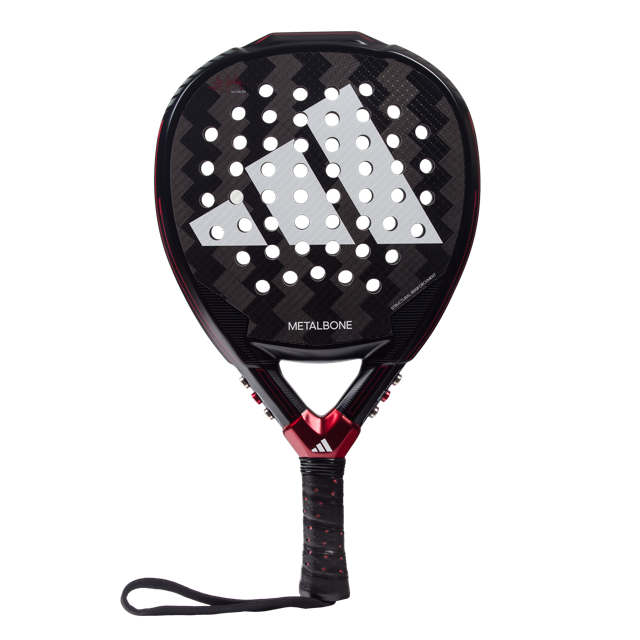 Black and red Adidas Metalbone padel racket on a white background