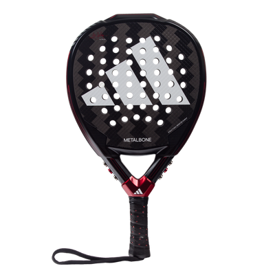 Black and red Adidas Metalbone padel racket on a white background