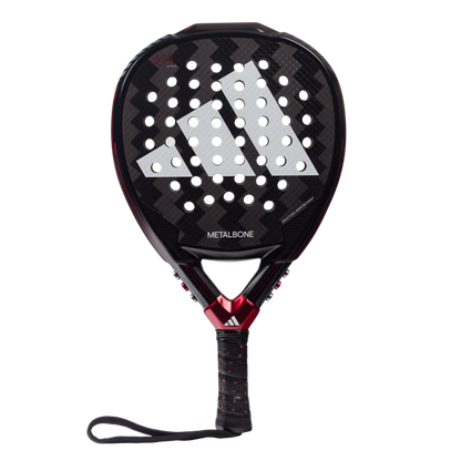 Black and red Adidas Metalbone padel racket on a white background
