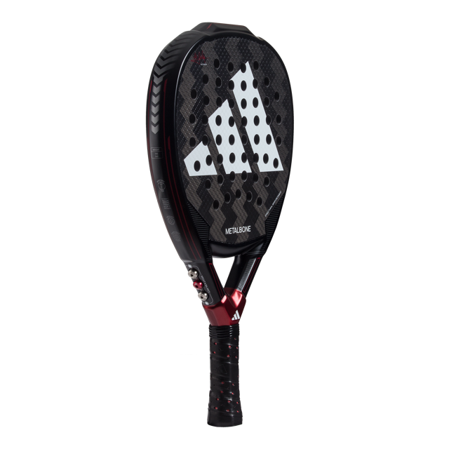 Black and red Adidas racket on a white background