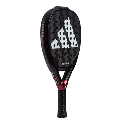 Black and red Adidas racket on a white background