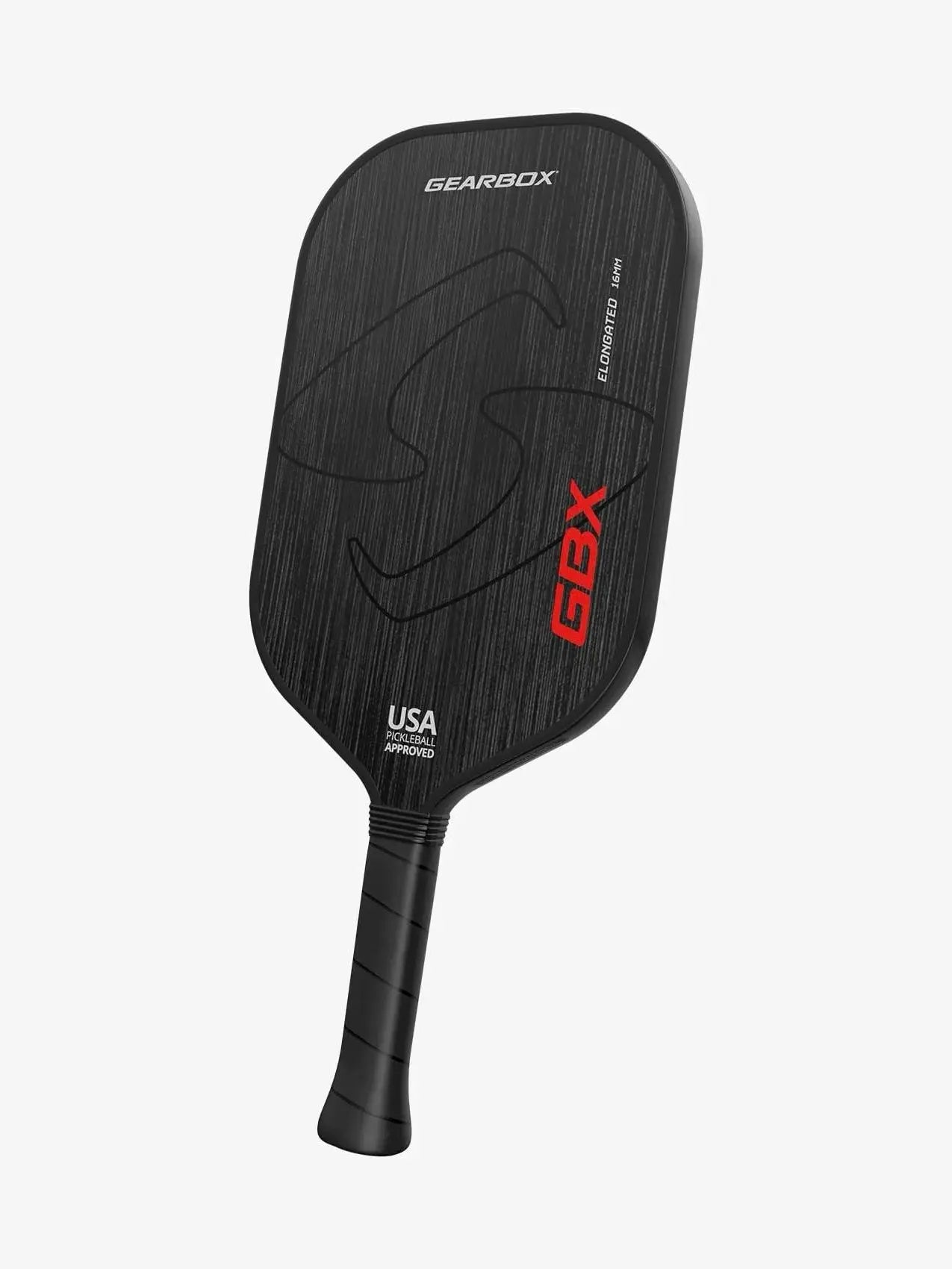 Black pickleball paddle with 'Gearbox' branding on a white background