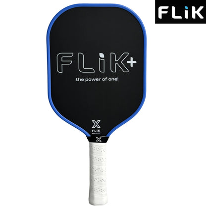 Black pickleball paddle with blue rim and white handle on a white background, featuring the Flik brand.