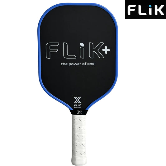 Black pickleball paddle with blue rim and white handle on a white background, featuring the Flik brand.