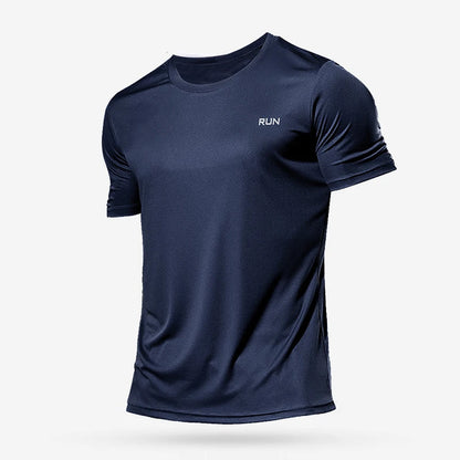 Navy blue athletic t-shirt with 'RUN' logo on a white background