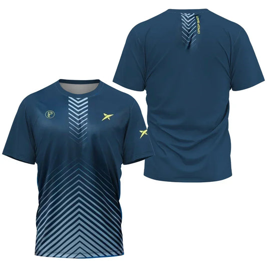 Blue sports jersey with geometric patterns on a white background