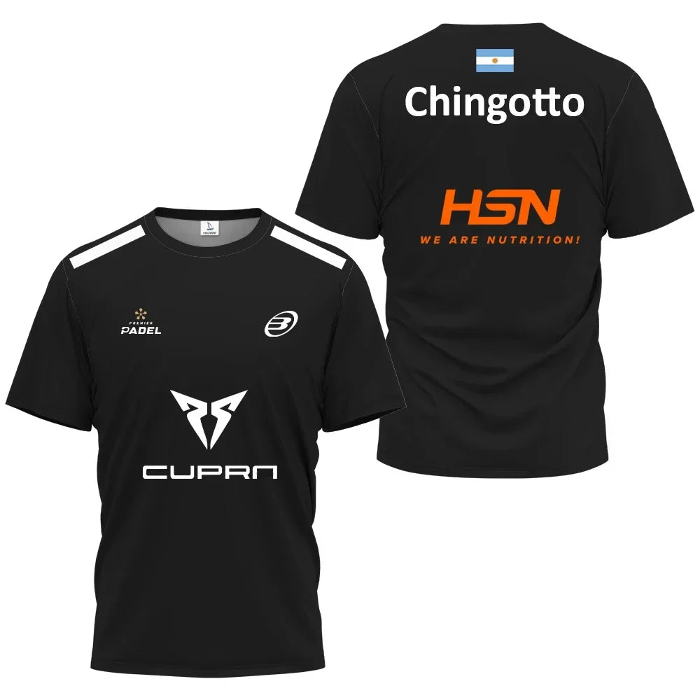 Black t-shirt with various logos on a white background