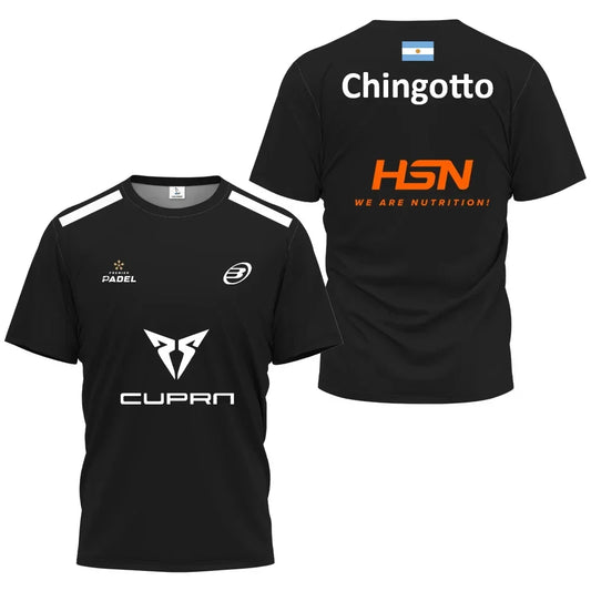 Black t-shirt with various logos on a white background