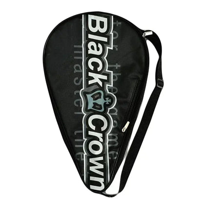 Black tennis racket cover with 'Black Crown' branding on a white background