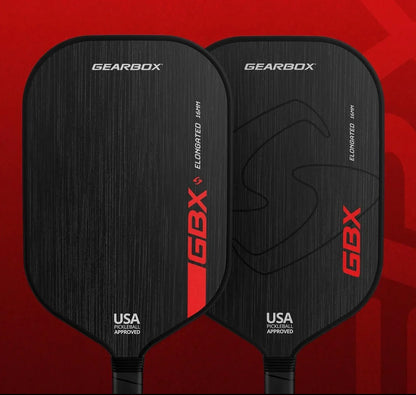 Two black pickleball paddles with 'Gearbox' branding on a red background