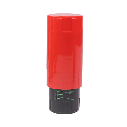 Red cylindrical device with a black base on a white background