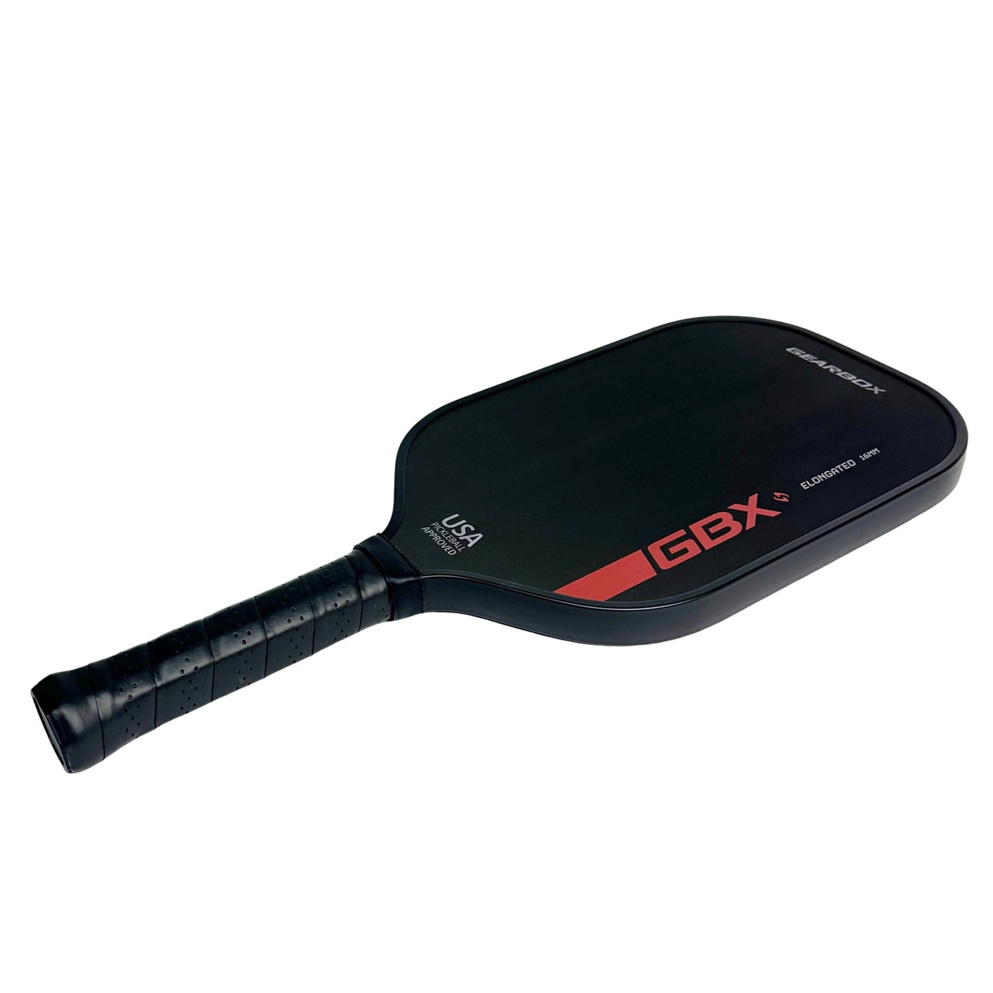 Black pickleball paddle with red 'GBX' logo on a white background