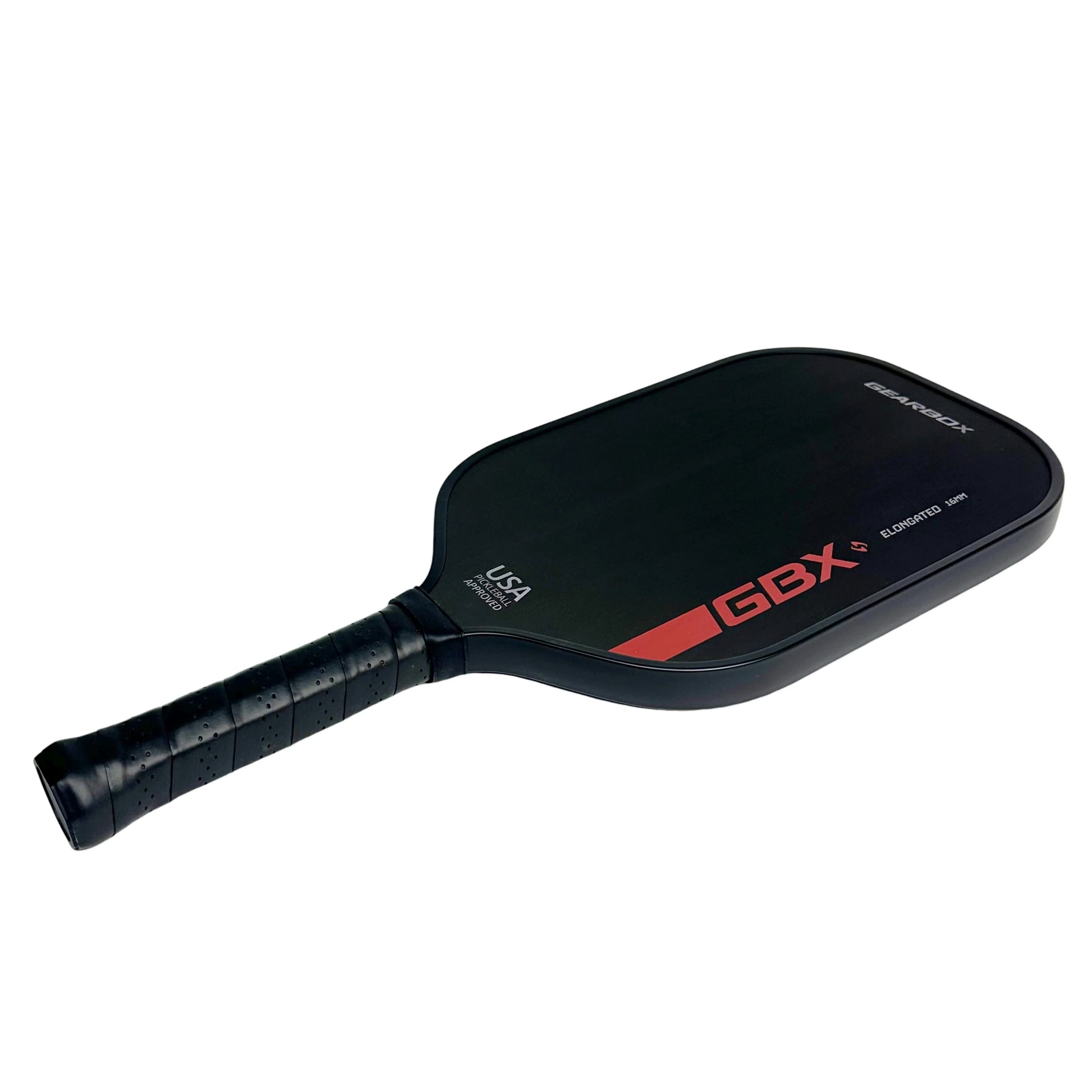Black pickleball paddle with red 'GBX' logo on a white background