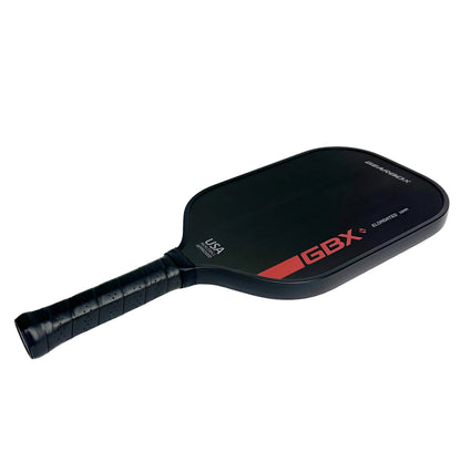 Black pickleball paddle with red 'GBX' logo on a white background