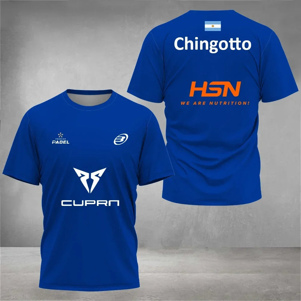 Blue t-shirt with visible branding on a gray background