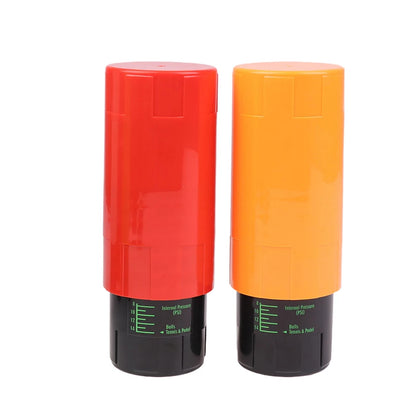 Two cylindrical pressure gauges, one red and one orange, on a white background.