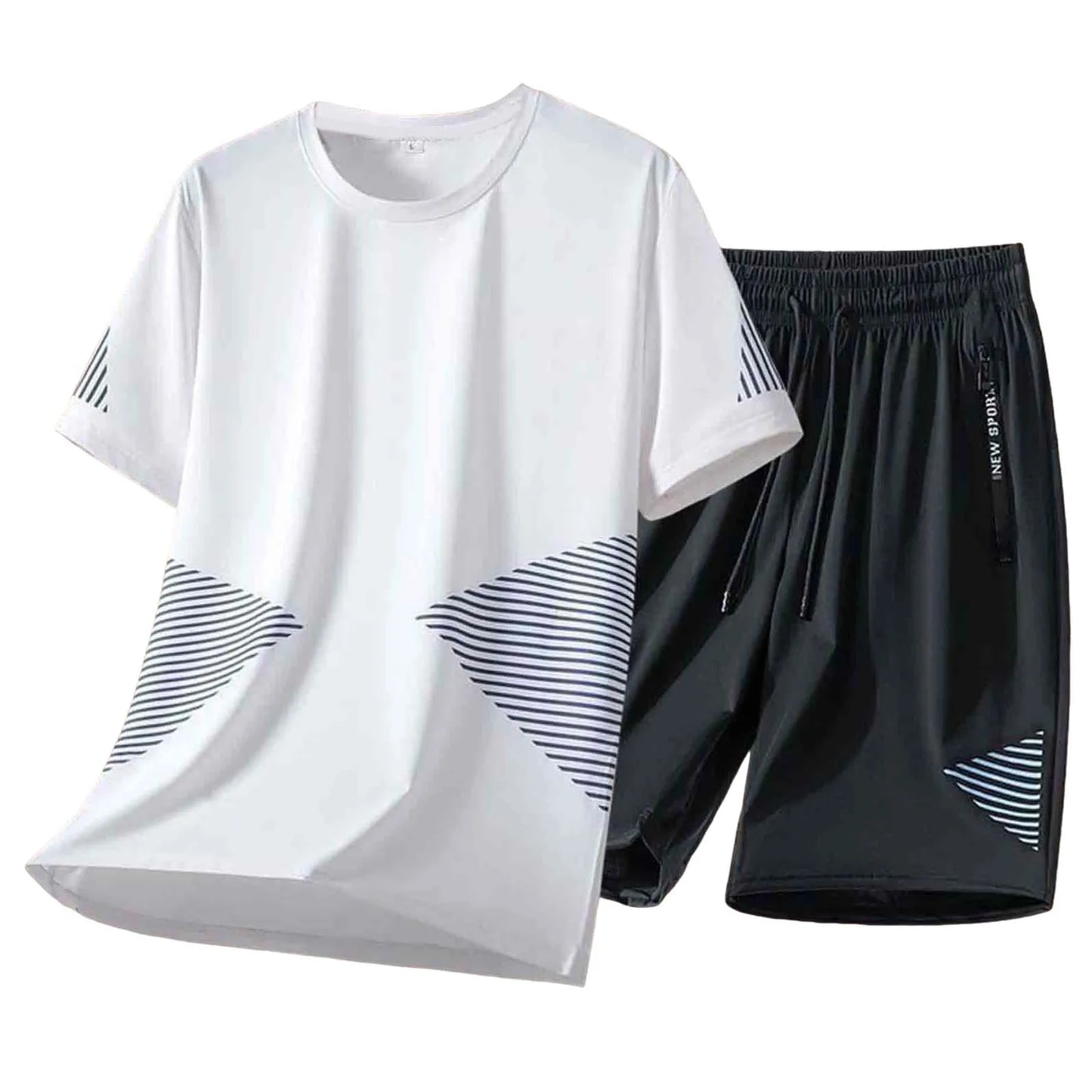 White t-shirt and black shorts with geometric patterns on a white background