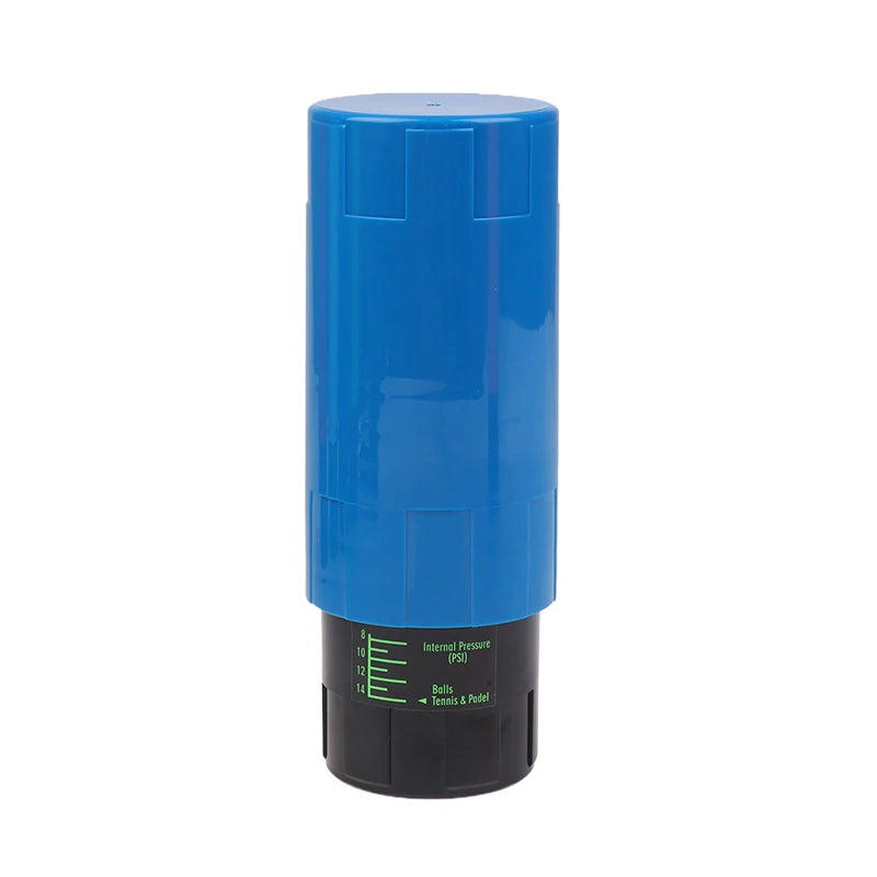 Blue cylindrical device with a black base on a white background