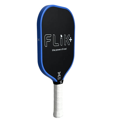 Pickleball paddle with blue rim and white handle on a white background