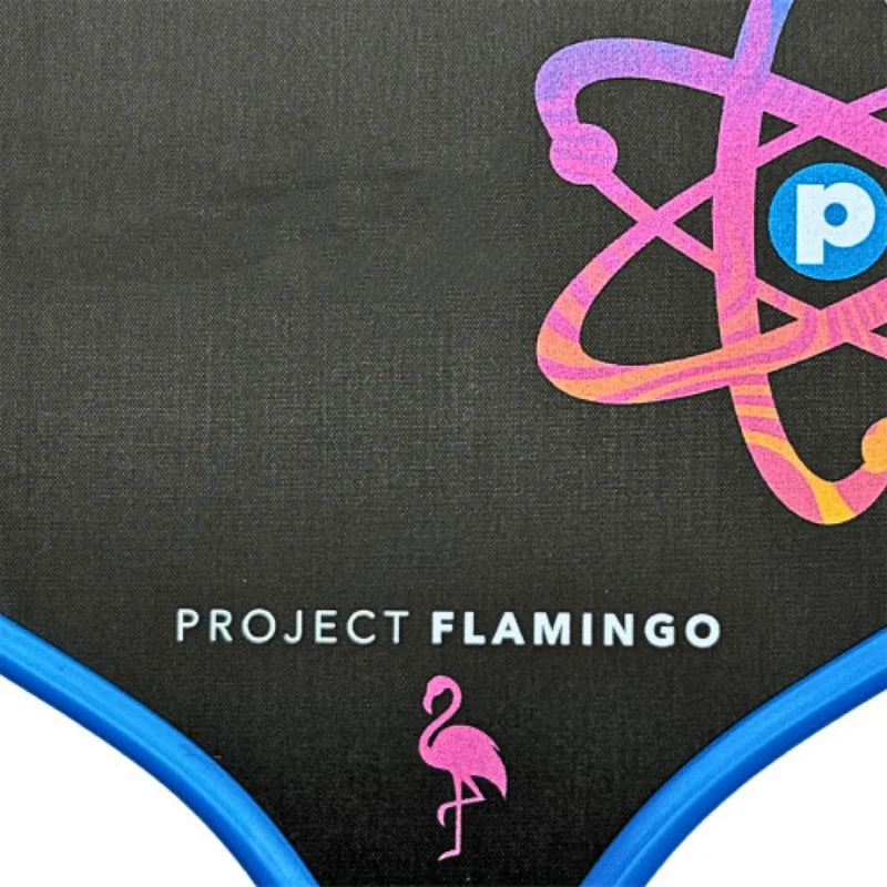 Black swimsuit with Project Flamingo branding and a colorful logo on a dark background